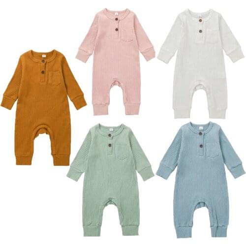 0-18M Newborn Baby Boy Girl Solid Color Long Sleeve Cotton Romper Jumpsuit Spring Autumn Clothes