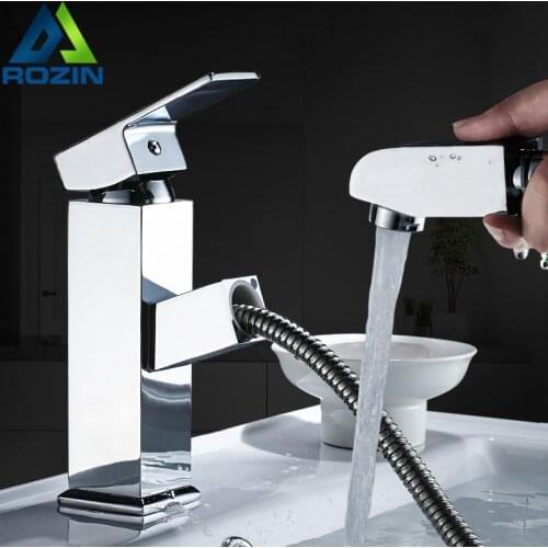 Chrome Pull Out Tap Bathroom Faucet Deck Mounted Brass Basin Faucet Single Hole Mixer Tap Hot And Cold Mixer Tap
