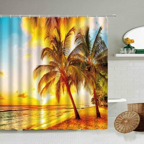 Seaside Sunset Beach Scenery 3D Waterproof Shower Curtain Coconut Tree Summer Vacation Nature Photography Bathroom Cloth Screen
