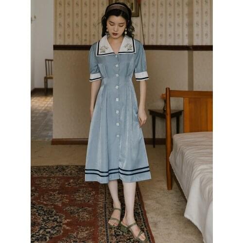 2020 new fashion womens clothing Sailor Collar Solid Vintage women dress dresses
