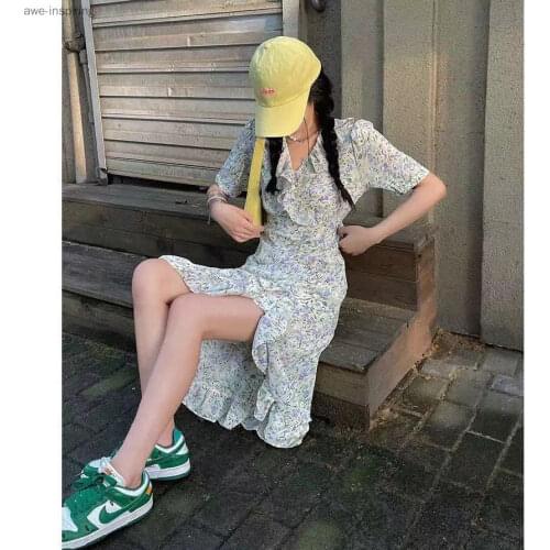 2021 Summer New Dress for Girlfriends in the Long Section Waist Waist Was Thin Floral Sling Puff Sleeves Waist Square Collar