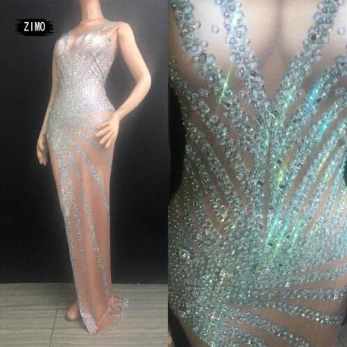 Luxury Rhinestone Split Sexy Long Dress Women Prom Club Bar Performance Stage Costume Designer Fashion Show Party Dress Vestidos
