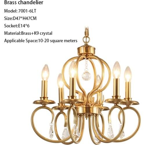Luxury brass copper material crystal chandelier lighting 6 lights Dia47cm antique polished E14 candle chandeliers fixtures