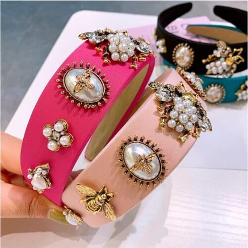Luxury Pearl Bee Wide Headband Hair Hoops New Vintage Baroque Colored Rhinestone Alloy Bee Hair Accessories Headband Wholesale
