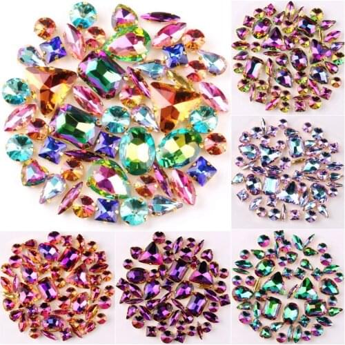 Gold claw settings 50pcs/bag shapes mix rainbow & jelly candy AB glass crystal sew on rhinestone garments shoes bags diy trim
