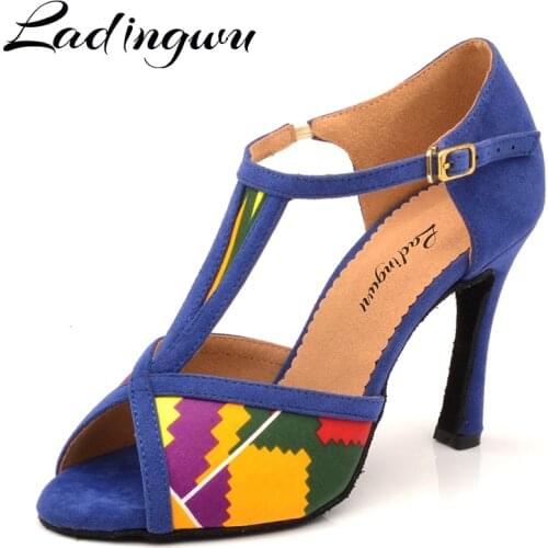 Ladingwu Women Salsa party Ballroom shoes Latin dance shoes Featured pattern Satin and Featured pattern Blue suede Cuba heel 10c