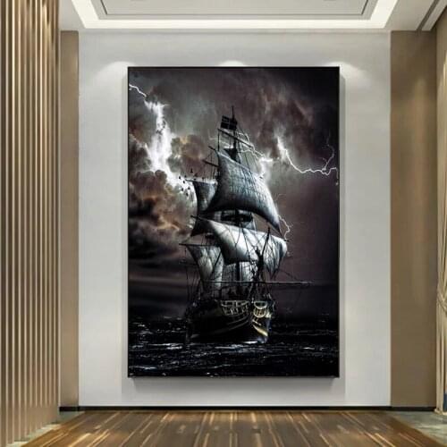 Waves Lightning Black Sailboat Vintage Canvas Paintings Posters and Prints Wall Art Pictures for Living BedRoom Home Decoration