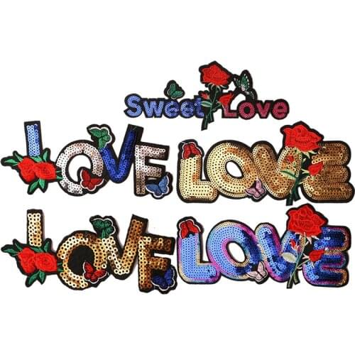 Love with roses sequin icons icon Embroidered Iron on Patches for Clothing DIY Stripes Clothes Patchwork Stickers Custom Badges