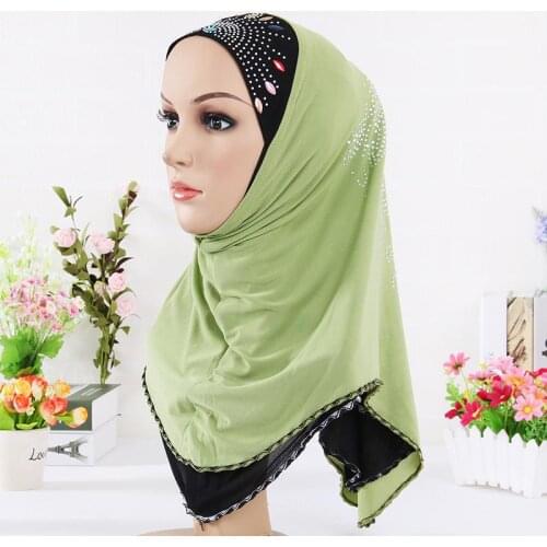 Top quality Muslim Green embroidered rhinestone lace lady headscarf turban with different color size 70cm *62cm