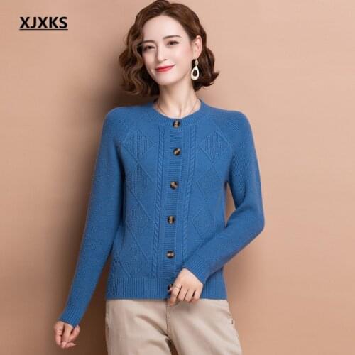XJXKS Round neck long-sleeved cashmere knitted cardigan women single-breasted sweater 2021 autumn winter new women sweater coat