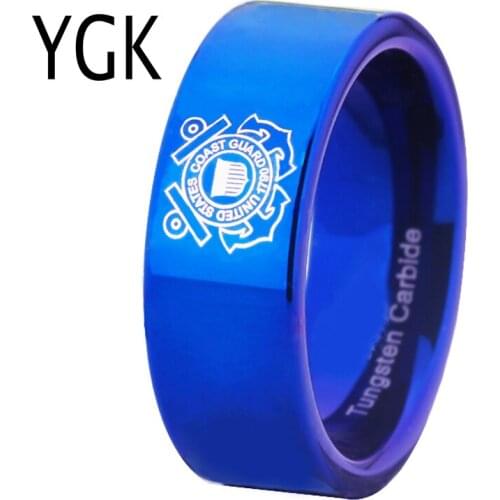 YGK Brand Jewelry Free Engraving 8MM Blue Pipe Coast Guard Design New Tungsten Carbide Comfort Fit Ring for Wedding Gift Ring