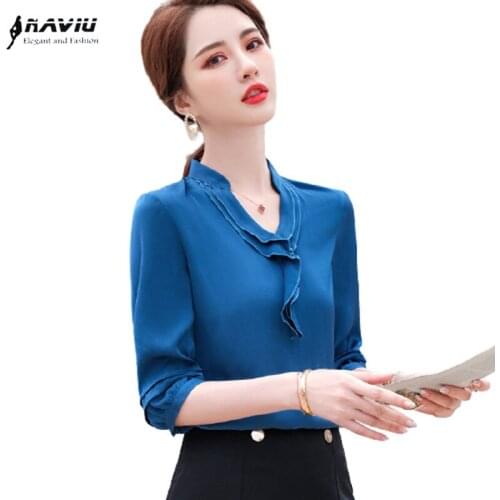 Blue Shirt Women V Neck Design 2021 Summer New Fashion Temperament Half Sleeve Chiffon Blouses Office Ladies Work Tops
