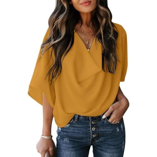 V Neck Short Sleeved Loose Korean Fashion Sping Autumn Summer WomenS Clothing Vintage Shirts Blouses Top Vetement Femme 2021