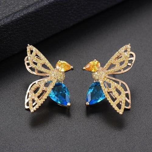 Blachette High Quality Trendy Insect Shape Colorful Crystal Stud Earrings Full Cubic Zirconia Statement Earrings Fashion Jewelry