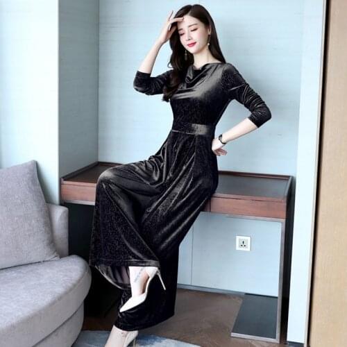 Velvet Jumpsuit Women Autumn Fashion Solid Office OL Rompers Womens Long Sleeve High Waist Wide Leg Pants Jumpsuits Female Long