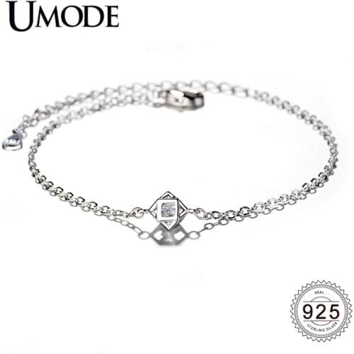 UMODE 2019 New 925 Sterling Silver Geometric Cubic Hollow Zircon Bracelet for Women Link Chain Adjustable Silver Jewelry ALB0134