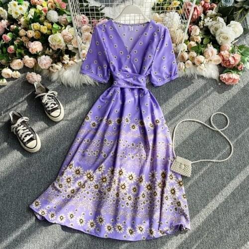 Slim Vintage floral Print V Neck Bandage Long Dress Summer Party Women high waist Vestido de festa elegant tunic beach dress