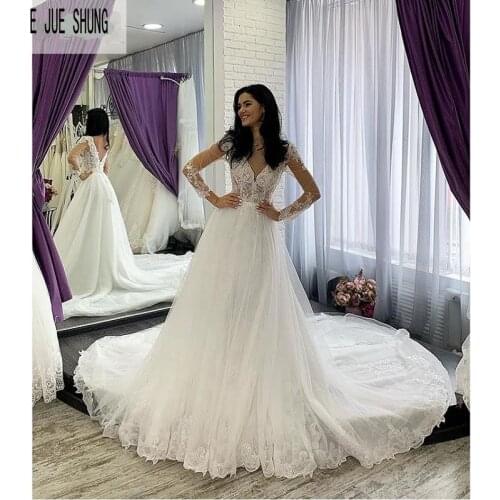 E JUE SHUNG White Backless Wedding Dresses V Neck Illusion Long Sleeves Lace Appliques Bride Dresses robe de mariee Wedding Gown