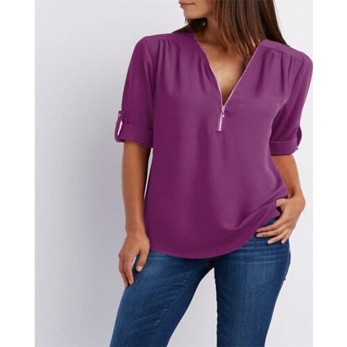 2021 European And American Hot Style V-neck Zipper Plus Size Womens Long-sleeved Sleeves Loose Chiffon Shirt
