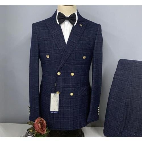 2021 Dark blue Wedding Mens Suits Slim Fit Bridegroom Tuxedos For Men 2 Pieces Custom made Suit Blazer Formal Prom Jackets Pants