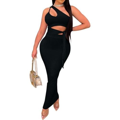 2021 Sexy Two Piece Set One Shoulder Bandage Hollow Crop Top Bodycon Maxi Dress Summer Club Outfits Night Party Matching Sets