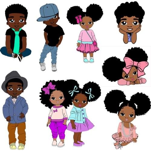 African Black Girls Boys Patches Iron On Clothes Thermo-stickers For Child Applique For Clothing Diy Heat Transfer Parches Ropa