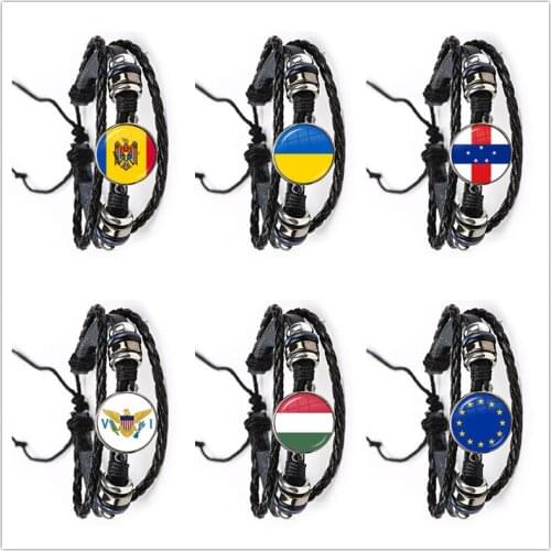 Antilles,European Union,Ukraine,Hungary,Moldova,United States Virgin Islands National Flag Glass Cabochon Leather Rope Bracelet