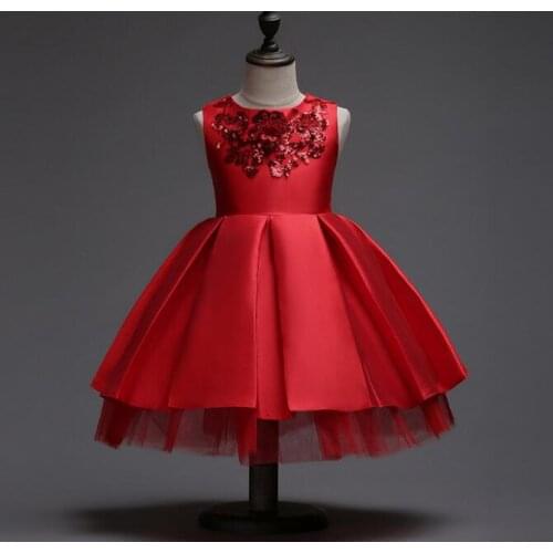 3-12T Brand Satin Flower Girl Dress Red Sequin Princess Tutu Party Wedding Dresses for Girls Christmas Style Sweet Kids Dress