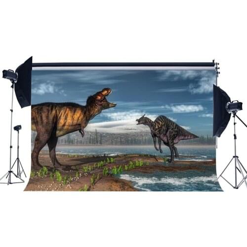 Dinosaur Backdrop Jurassic Period Green Grass River Blue Sky White Cloud Cartoon Fairytale Photography Background