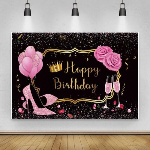 Laeacco Pink Rose Flowers Balloons Womens Happy Birthday Photography Backdrop Gold Corwn Portrait Banner Background Photo Studio