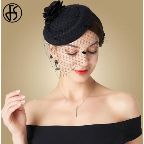 FS Red Wedding Hats For Women Elegant Black Fascinator With Veil Flowers Pillbox Hats 2021 Ladies Party Cocktail Church Fedoras