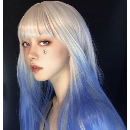 Gradual Silver Blue Kawaii Lolita Wig Harajuku Cool 60cm Long Straight Hair Adult Chic Girls Women Cosplay Daily Wear