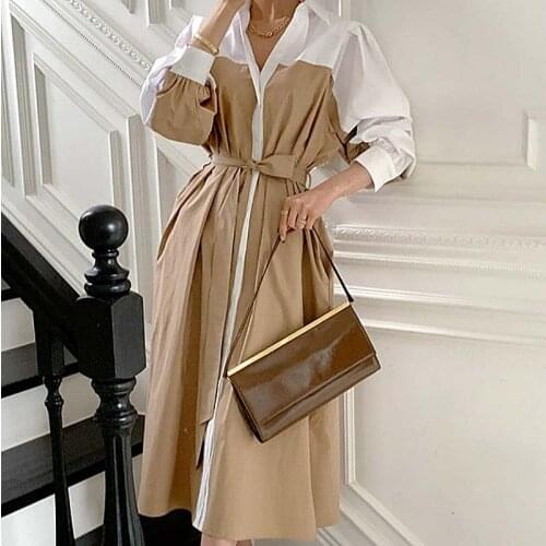 JSXDHK 2021 Elegant Autumn Contrast Color Shirt Dress Chic Women Black White Hit Color Lantern Sleeve Lace Up Loose Long Dresses