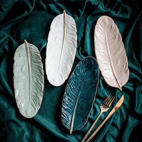 10inch Ceramic Feather Shape Plate Gold Porcelain Dessert Jewelry Plates Dish Dinnerware Sushi Tableware Storage Tray