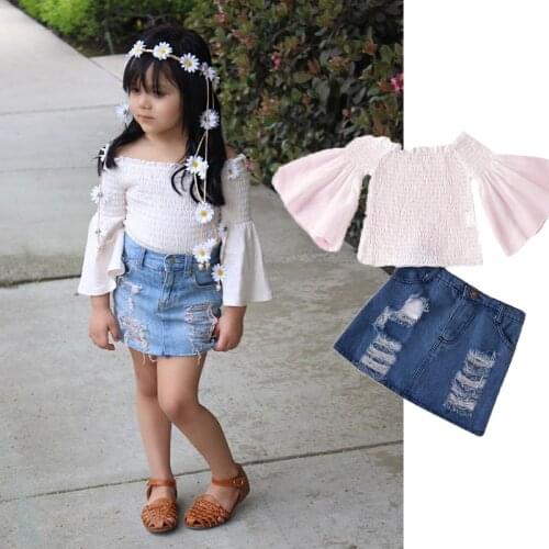Kids Children Clothes Sets Girls Top Blouse + Jeans Denim Short Two-piece Suit For Baby Toddler Fashion Outfits Summer Wear
