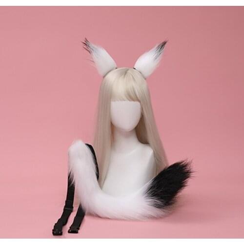 Cosplay Furry Animal Ears Hairpin Tail Set Dress Up Lolita Costume Long Fur Headpiece for Halloween Party Decoration