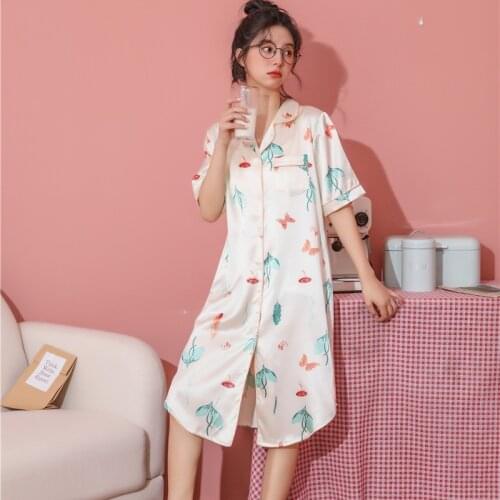 Summer New Print Sleepshirts Ladies Casual Cardigan Nightdress Spring Autumn Home Dress Loose Ice Silk Sleepwear M-3XL Pajamas