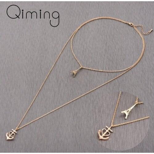 Multi Layer Necklace Women France Eiffel Tower Anchor Pendants Necklaces fashion Gold Chain Choker Long Necklace Vintage Jewelry