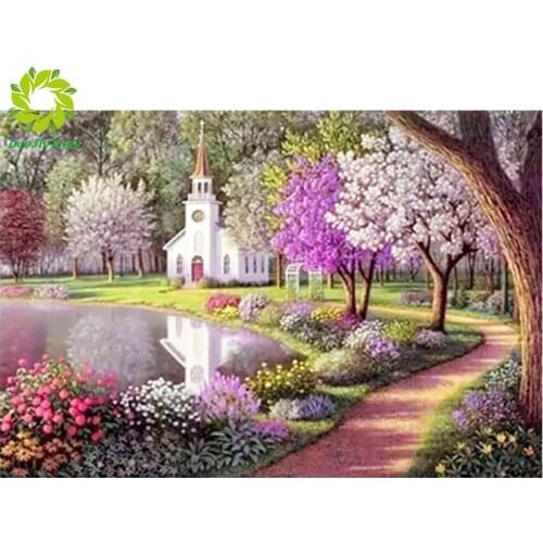 Scenery tree landscape village train DIY Crystal full drill square 5D diamond painting cross stitch kit mosaic round rhinestone