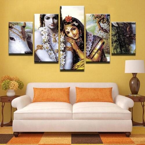 JIE DO ART Modern Home Decor Poster Frame Wall Art HD Printed Canvas Photo 5 Pieces India Myth Krishna Painting Living Room