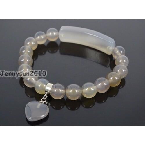 Natural Grey Ag-ate Gems Stone Heart Bar Round Beads Stretchy Bracelet Healing Reiki Chakra 5Strands / Pack