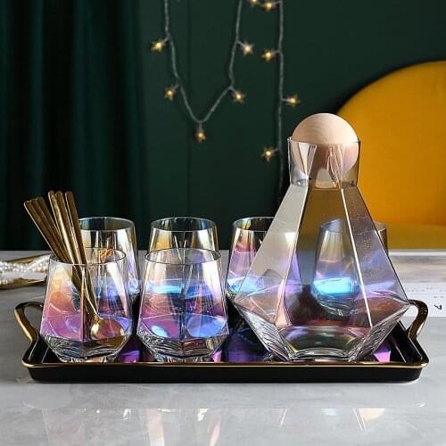 New Luxury Nordic Diamond Shape Glass Water Kettle Natural Wood Ball Lid Clear Cold Water Bottle With Ceramic Tray Drinkware Set