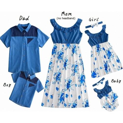 Mom Baby Mommy and Me Clothes Father Son Denim T-Shirts Summer Family Matching Outfits Ruffled Flower Mother Daughter Dresses