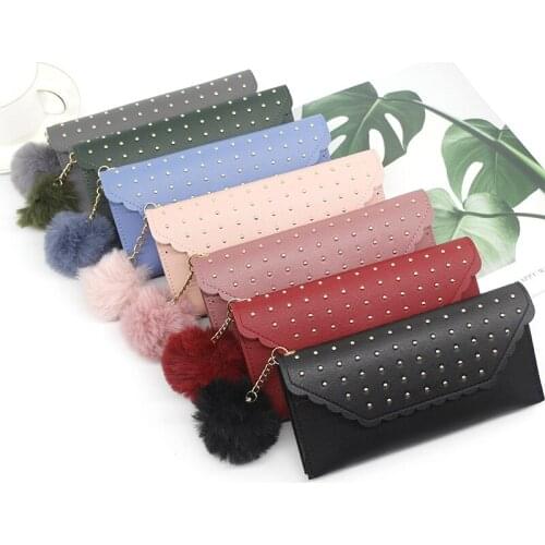Wholesale 2021 New Womens Long Wallet Rivet Nail Solid Color Furry Ball Coin Purse Womens Handbag for wholesale