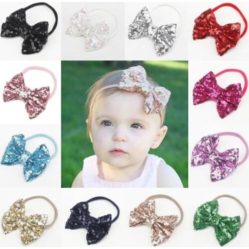New Baby Girls Sequin Big Bow Elastic Hairband Children Nlon Headband Hair Wear Kids Head Band Headdress Babys Hair Accessories