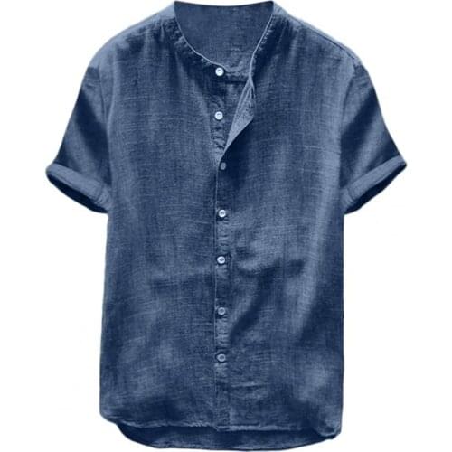 Beach Shirts Men Stand Collar Summer Short Sleeve Male Shirts Solid Color Slims Fit Casual Business Men Shirt Streetwear