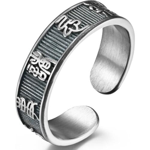 Unisex Tibetan Buddhism Chinese Engraving Ancient Text Spell Steel Finger Buddha Wedding Black Ring Men For Women Rings