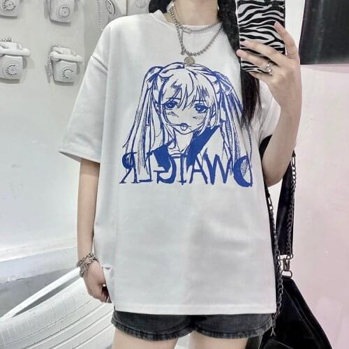 Y2K Women T-Shirt Clothes Harajuku Vintage Anime Cartoon Print Short Sleeve Summer Loose Kawaii Streetwear Black Cotton Clothes