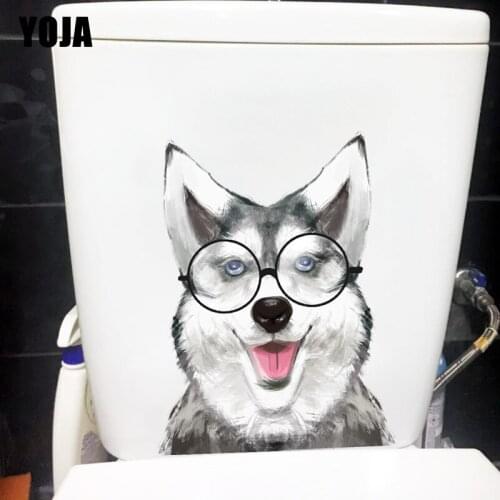 YOJA 17.6CM×22.4CM Smiling Husky With Glasses Home Accessories Creative Cartoon Wall Decor Toilet Sticker T1-2632