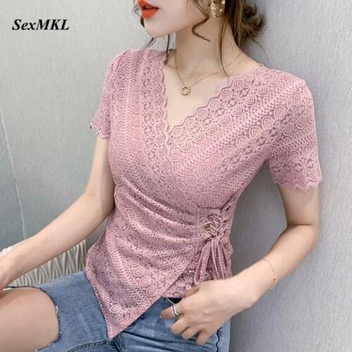 Summer Lace Tops Plus Size 2021 Fashion Sexy Hollow Out V-neck Lace Black Blouses Korean Clothing Elegant Slim White Blouse 5XL